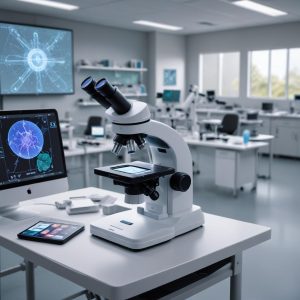 A conceptual image showing the Maikroskop in action. A futuristic, compact digital microscope analyzing a sample on a slide, with holographic projections displaying AI-powered diagnostic results (e.g., cell structures, disease markers). The background shows diverse applications in a rural clinic setting and a modern classroom, emphasizing accessibility and education.