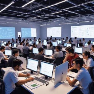 An illustration depicting a modern hackathon event with young, diverse participants collaborating intensely on laptops, whiteboards filled with ideas, and bright digital screens showing code and designs. Ericsson and Qualcomm logos are subtly visible in the background, alongside Kemenperin and Komdigi banners. The atmosphere is energetic and innovative, focusing on future technology.