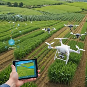 An infographic-style image illustrating the Tanikan system. A lush green farm field with IoT sensors connected to plants. Drones fly overhead, collecting data. A farmer is shown viewing real-time data and recommendations on a tablet, with visualizations of improved crop yields and sustainable practices. Elements of 5G connectivity and data analytics are subtly integrated.