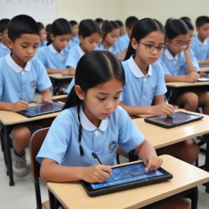 Anak-anak sekolah di daerah terpencil sedang belajar menggunakan tablet dengan koneksi internet yang lancar, didampingi guru. Di kejauhan terlihat tiang dengan kabel optik yang terpasang, menunjukkan hasil dari infrastruktur digital.