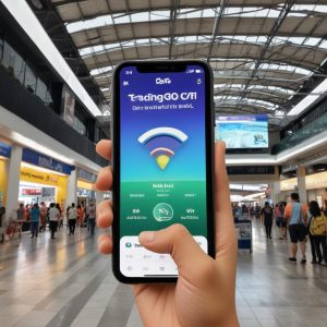 Peta atau denah Cibinong City Mall yang di atasnya terdapat overlay sinyal Wi-Fi yang menyebar ke seluruh area, dengan logo Bnetfit yang menonjol di tengah. Fokus pada jangkauan luas dan konektivitas tanpa batas di dalam gedung.