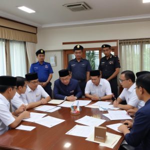 Sebuah rapat kolaborasi antara perwakilan APJATEL dan Pos Indonesia, menunjukkan peta Indonesia dengan titik-titik konektivitas yang meluas. Suasana optimis dan fokus pada rencana strategis.