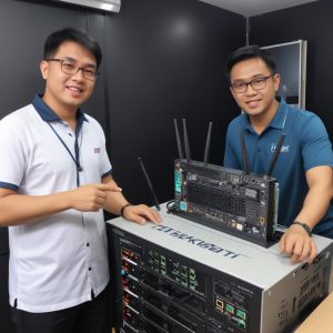 Seorang teknisi Bnetfit sedang tersenyum sambil menunjukkan panel jaringan atau router canggih, dengan latar belakang server atau infrastruktur teknologi modern yang bersih dan teratur, menunjukkan keahlian dan keandalan layanan.