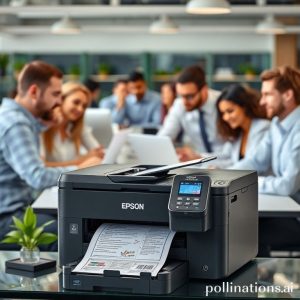 A busy office environment with diverse professionals working collaboratively. In the foreground, an Epson EcoTank printer is actively printing documents, symbolizing high productivity and seamless workflow.