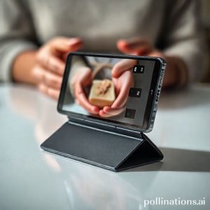 A close-up shot of a Galaxy Z Flip7 folded halfway on a table, displaying its Flexcam feature being used to record a product (e.g., a handmade soap or jewelry) being showcased by hands in the background. The scene is brightly lit, evoking a professional studio feel.
