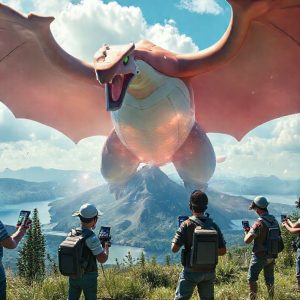 A close-up shot of several Pokemon Go trainers collaborating on a massive Raid Battle within a Wild Area. A gigantic, legendary Pokemon (e.g., Groudon or Rayquaza) is rendered in AR hovering over a natural landscape like a mountain or lake, with multiple trainers tapping furiously on their phones, surrounded by visual effects of battle.