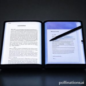 A close-up shot of the Samsung Galaxy Z Fold7 unfolded, displaying two different apps side-by-side on its large inner screen. One app shows a research article with highlighted text, while the other shows a note-taking application with an S Pen hovering above it. The screen glows brightly, emphasizing the AI features.