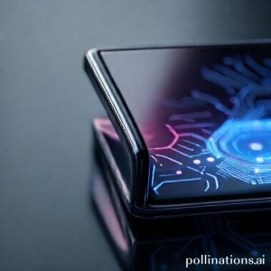 A close-up shot of the Samsung Galaxy Z Fold7's hinge, showing its seamless design and durability. The phone is slightly folded, and the reflection of a bright, intelligent AI interface is visible on the inner screen. A futuristic, glowing circuit pattern subtly emanates from the phone.