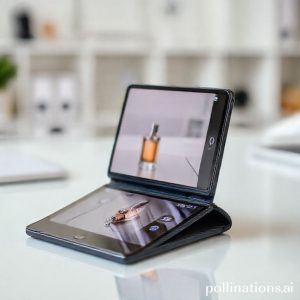 A close-up shot of a Samsung Galaxy Z Flip7 folded in Flex Mode, placed on a table, with a small product (like a perfume bottle or jewelry) in front of it being photographed. The screen shows a preview of the product shot. The background is a clean, minimalistic home office setting.