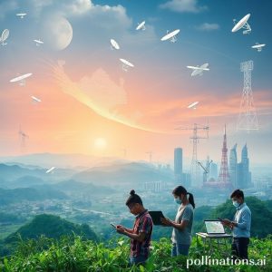 A conceptual image showing internet infrastructure development across Indonesia. It features fiber optic cables extending over islands, satellite dishes connecting remote areas, and smart cities connected by seamless networks. In the foreground, people from different walks of life (a farmer using a tablet, a student on a laptop, a small business owner with an e-commerce setup) are shown benefiting from this connectivity, representing the impact of APJII's efforts.