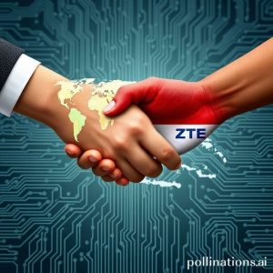 A digital artwork showing two hands, one with a global map overlay (representing ZTE) and the other with an Indonesian map overlay (representing XLSMART), shaking hands over a circuit board pattern, symbolizing a strong partnership building digital infrastructure.