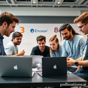 A diverse group of young, enthusiastic tech developers (men and women) working collaboratively on laptops and whiteboards in a modern, brightly lit hackathon setting, with logos of Ericsson, Qualcomm, Kemenperin, and Komdigi subtly visible in the background. They are brainstorming and coding intently.