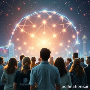 A diverse group of people from different backgrounds (institutions, developers, everyday users) looking optimistically towards a futuristic, glowing blockchain network. The scene should convey global collaboration and technological advancement.