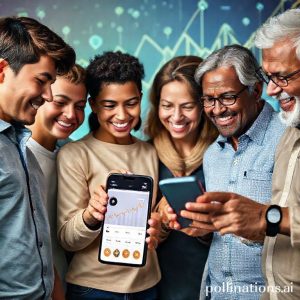 A diverse group of new users, young and old, happily engaging with a smartphone showing the PINTU app interface with upward trending crypto charts. In the background, abstract blockchain patterns and graphs.