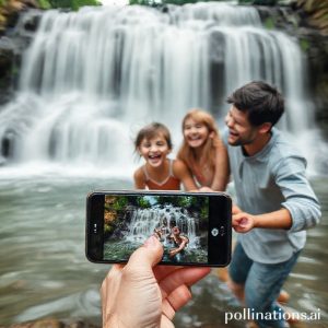 A family laughing and playing by a waterfall, captured as a 