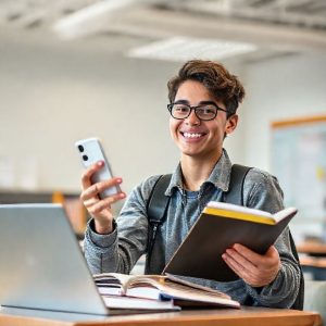 A high school student confidently holding an iPhone 11 while studying with books and a laptop in a bright, modern classroom setting. The student looks engaged and happy.