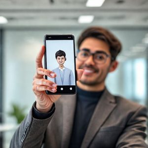 A person confidently interacting with a smartphone (Samsung Galaxy S25 FE concept) that displays an AI interface, symbolizing interview preparation. The AI interface shows a friendly, neutral avatar acting as an interviewer. The background is a modern, clean office setting.