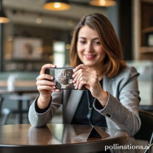 A person (female, early 30s, business casual attire) sitting at a coffee shop table, with a Samsung Galaxy Z Flip7 folded in Flex Mode on the table. She is actively recording a product (e.g., a small handmade item or a piece of jewelry) in front of the phone, demonstrating the hands-free capability of FlexCam for online entrepreneurs. The background is a slightly blurred modern coffee shop interior, showing creativity and mobility.