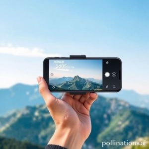 A person holding a sleek, modern HONOR 400 smartphone, taking a photo of a distant mountain range with incredible detail, showcasing the AI Super Zoom feature. The background is a vibrant, clear mountain landscape under a bright sky.