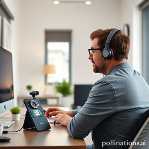 A person participating in a video conference call using AnkerWork speakerphone and webcam on a desk in a modern home office setting.