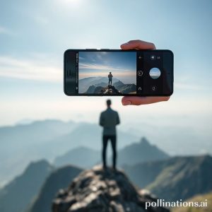 A person standing on a mountain peak, holding a HONOR 400 smartphone, using AI Super Zoom to capture a distant breathtaking landscape with sharp details. The phone screen shows a magnified, clear image of a distant object.