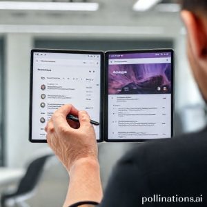 A person using a Samsung Galaxy Z Fold7 in its unfolded tablet mode, actively taking notes with an S Pen on one half of the screen, while the other half displays search results from 'Gemini Deep Research'. The background is a modern, clean office space. The person looks focused and productive.