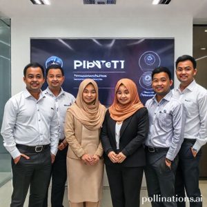 A professional group photo of the PINTU team (Pt Pintu Kemana Saja) in a modern office setting, looking competent and trustworthy. Behind them, a digital display showing