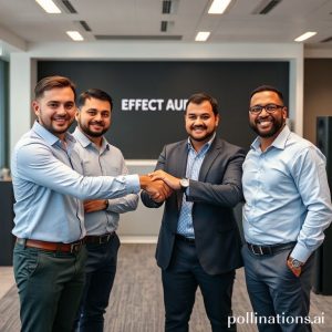 A professional photo of the Inti Omega Teknikindo team, looking confident and engaged, perhaps shaking hands with a representative from Effect Audio (or an implied partnership), in a modern office or tech showroom setting. Emphasize professionalism and partnership.