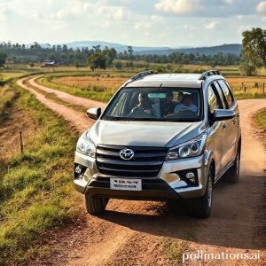 A robust Toyota Innova driving on a slightly rough road in a scenic rural area, with a family inside, emphasizing durability and versatility.