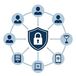 A stylized representation of identity management. Focus on a central lock or shield icon with various digital identities radiating from it: human figures, server icons, IoT device symbols (like a smart street light or sensor). Digital lines connect these identities to the central security hub, implying control and protection.