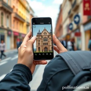 A traveler using the HONOR 400 smartphone's Magic Portal feature, dragging an image of a unique architectural building on the screen to instantly get information about its history and location on a map overlay. Vibrant city street in the background.