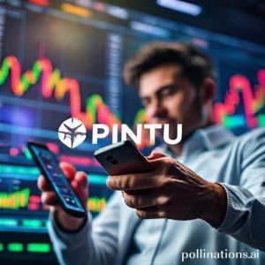 A vibrant, dynamic image of a person actively trading cryptocurrencies on a mobile phone, with digital charts and graphs in the background. The PINTU logo is subtly visible. The atmosphere is energetic and focused.