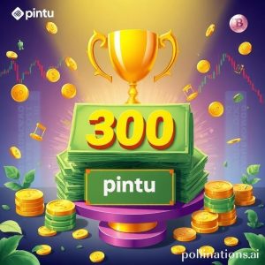 A vibrant graphic illustrating a large sum of money (Rp 300 Juta) being distributed among several winners, with the PINTU logo prominently displayed. Elements of crypto trading charts and a trophy can be seen in the background.