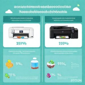 A vibrant infographic illustrating the cost savings and environmental benefits of Epson EcoTank printers compared to traditional cartridge printers. The infographic should show percentages of savings and reduction in waste.