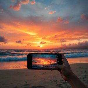 A vibrant photo captured by a Huawei Pura 80 Series phone, depicting a beautiful sunset landscape over a beach with clear details and rich colors, showcasing the 