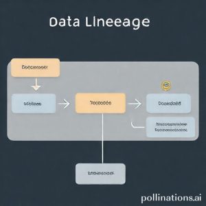 A visual representation of data lineage, showing data flowing through different stages (ingestion, transformation, analysis) with arrows indicating the path. Small AI icons are present at each stage, illustrating automated tracking and metadata generation.