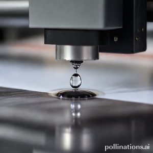 An close-up image of a large format printer print head, showing tiny droplets of ink being precisely ejected onto a surface, highlighting the precision of Epson's PrecisionCore TFP technology.