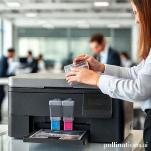 An EcoTank printer with its large ink tanks visible, showing a business person filling ink cleanly and easily. The background is a modern, bright office environment with other office workers. The image should convey ease of use and efficiency.