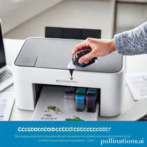 An EcoTank printer with its large ink tanks visible, a hand refilling the ink from a bottle, surrounded by office documents and a laptop, symbolizing efficiency and ease of use in a business setting.