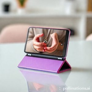 An elegant Samsung Galaxy Z Flip7 in a vibrant color, folded halfway, with the Flexcam feature demonstrated by being placed on a table filming a product (e.g., jewelry or a small craft item) being showcased by hands, illustrating its use as a hands-free studio. The background should be a clean, modern workspace.