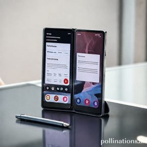 An elegant Samsung Galaxy Z Fold7 is shown half-folded on a modern desk, displaying two apps side-by-side on its large inner screen. One app shows a research interface with 'Gemini Deep Research' branding, and the other a note-taking app with 'Note Assist' active. A sleek S Pen rests nearby. The background is a blurred, minimalist office environment.