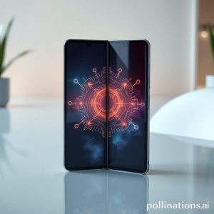 An elegant, slim Samsung Galaxy Z Fold7 in folded mode, showcasing its sleek design, with a subtle glow of AI interface elements (like data streams or neural networks) layered over its screen. The background is a modern, minimalist workspace with soft lighting.