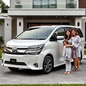 An elegant Toyota Voxy parked in front of a modern house, with a happy family (parents and two children) smiling next to it, highlighting comfort and style.