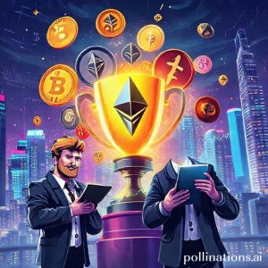 An energetic and dynamic digital illustration depicting various cryptocurrency logos (Bitcoin, Ethereum, Pintu logo) swirling around a glowing, stylized trading competition trophy. Traders with determined expressions are shown interacting with a sleek, futuristic app interface, symbolizing the Pintu Year-End Trading Competition 2025. The background is a vibrant cityscape at night with financial graphs and data overlays.