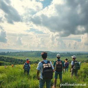 An epic wide shot of a diverse group of Pokemon Go trainers exploring a vast, lush Wild Area, with various Pokemon (e.g., Snorlax, Eevee, Scyther) roaming freely in the distance. The sky shows dynamic weather, perhaps a mix of sun and clouds, reflecting the game's weather system. The trainers are looking at their phones with excited expressions.