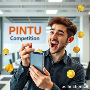 An excited young man looking at a smartphone screen showing a cryptocurrency trading app with positive graphs, surrounded by digital coins and a banner