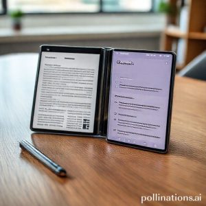 An eye-level shot of a sleek, unfolded Samsung Galaxy Z Fold7 on a modern wooden desk. On the left side of the screen, a research article is open, while the right side displays the Gemini Deep Research interface summarizing key points. A stylish S Pen rests beside the phone. The background is a slightly blurred office setting with natural light.