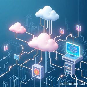 An illustration depicting a complex network of financial data flowing between on-premise servers and public cloud infrastructure, with AI algorithms analyzing the data. The image should convey security and efficiency.