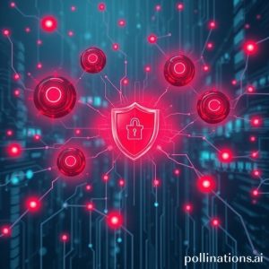 An illustration depicting a network of advanced AI bots attacking various digital systems, represented by abstract data streams and glowing red nodes, while a shield icon symbolizes digital security. The image should convey complexity and threat.