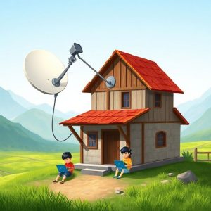 An illustration depicting a Starlink dish (Dishy) installed on a traditional village house, with children happily using laptops connected to it, showcasing the integration of high-tech with rural life. The background shows lush green fields and mountains, emphasizing remote location.